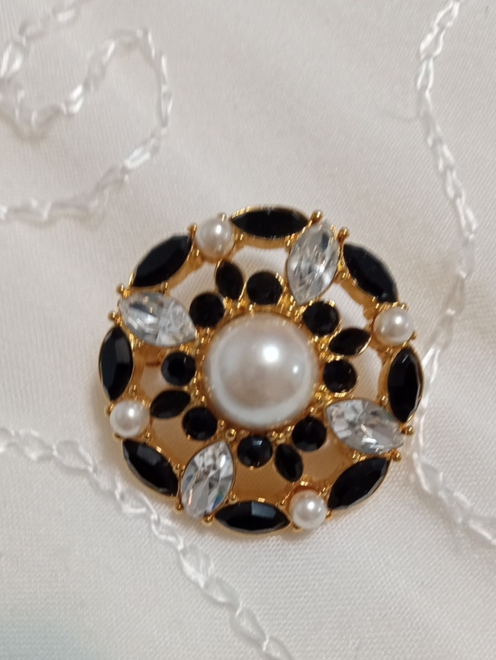 Gold-tone Pearl and Black Crystal Brooch - Elegant Women's Jewelry